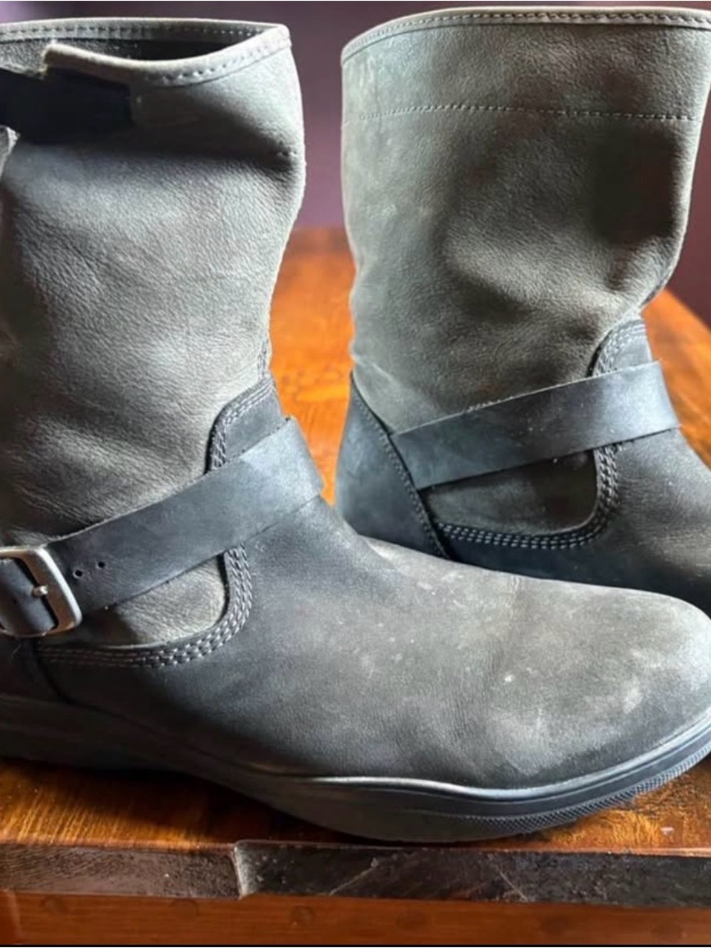 Columbia Dark Gray Suede Ankle Boots with Buckle Strap